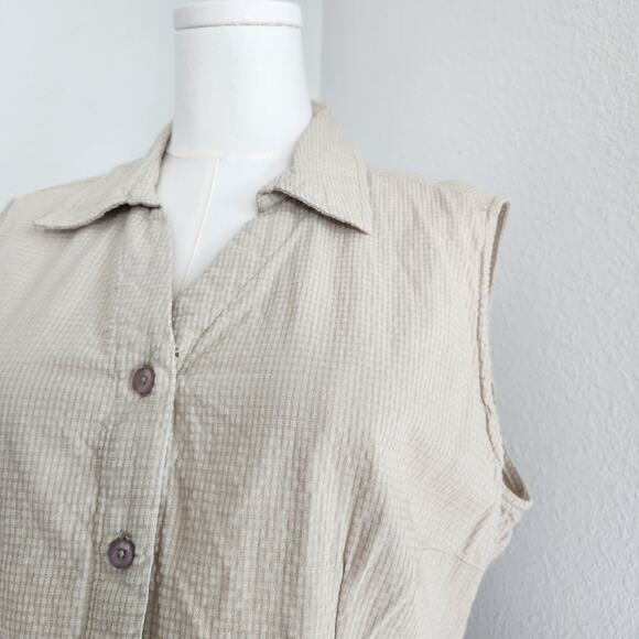 90s Classic Elements Tan White Plaid Sleeveless Flannel Shirt Button Down L - Picture 3 of 8